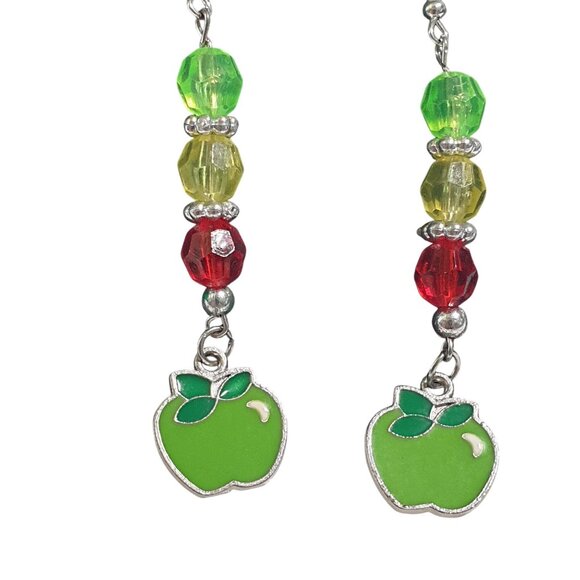 Green Apple Beaded Dangle Earrings Teacher Gift Day Care Fish Hook 3 Inch Long - Picture 2 of 4